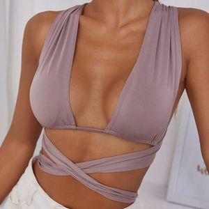Solid Crisscross Tie Back Crop Top - Dusty Purple